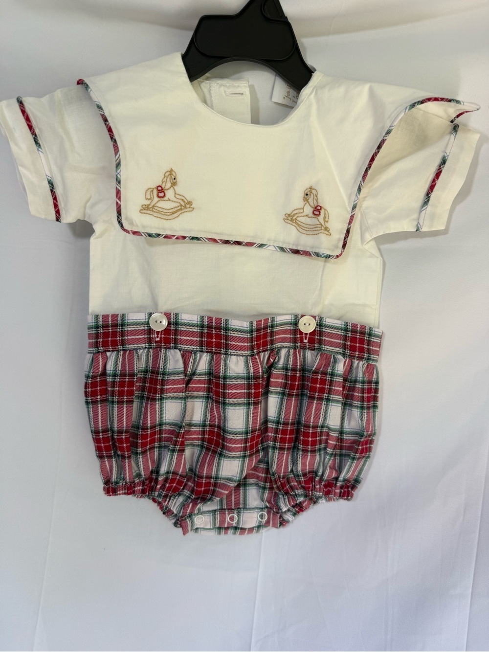 Lullaby Set Baby Plaid Sailor Bubble Romper with Rocking Horse Embroidery